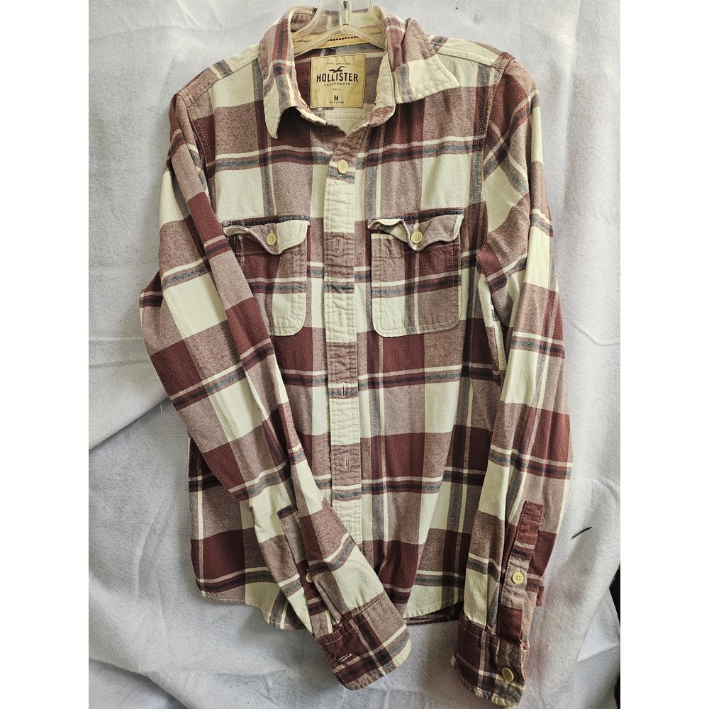 Hollister Mens Burgundy Cream Plaid Flannel Button Down Shirt Medium 1001